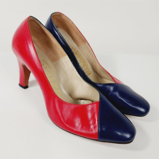 Vintage Geppetto Red & Blue Leather Heels Shoes Size 7.5 M