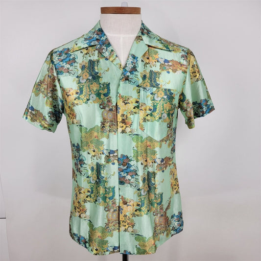 Vintage Asian Patterned Short Sleeve Floral Hawaiian Aqua Shirt Made in Hawaii