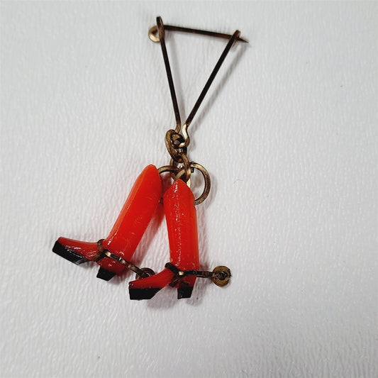 Vintage Red Plastic Cowboy Boots Western Dangle Pin Brooch