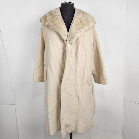 Vintage 1950s Cream Beige Wool w/ Faux Fur Collar Open Front Long Coat