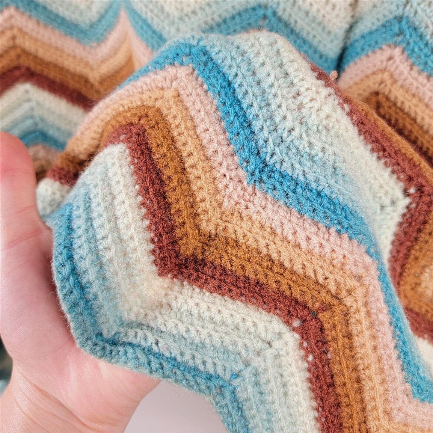 Vintage Brown & Blue Crochet Afghan Lap Blanket Throw Handmade 64x50 Chevron