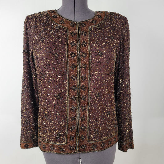 Vintage Stenay Brown Silk Full Beaded Formal Evening Jacket Womens S