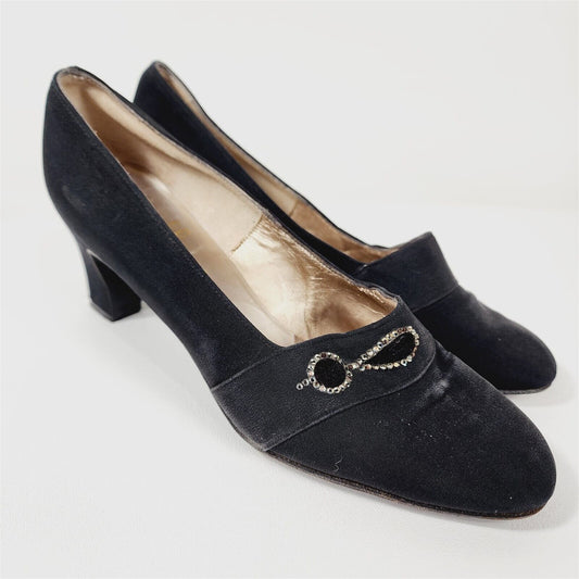 Vintage III ijji Black Rhinestone Block Heels Shoes Size 7 B