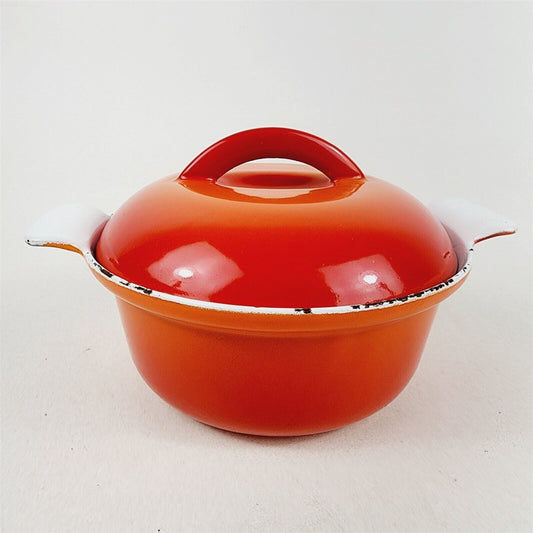 Vintage Descoware Cast Iron Enamel Orange Flame Small Pan w/ Lid Belgium 6 1/2"