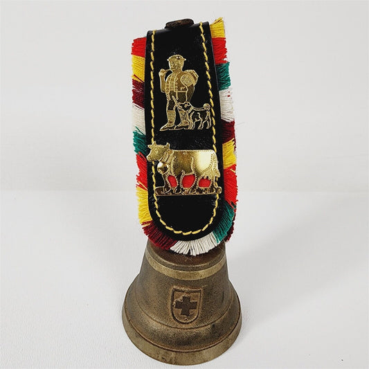Vintage Brass Bell Swiss Strap w/ Colorful Fringe Man & Dog Cow - 6 1/2"