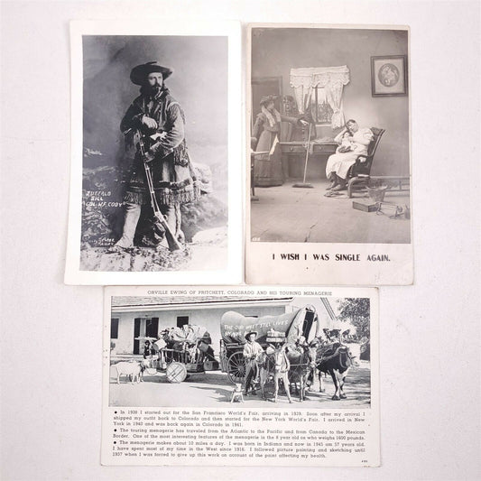3 Real Picture Postcards Couple with Baby, Buffalo Bill, Old West Wagons, Horses