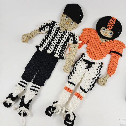 Vintage Handmade Macrame Wall Hanging People Person Football Player Referee
