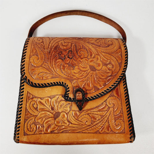 Vintage Hand Tooled Leather Purse Western Boho Floral Laced Hand Bag Cleta