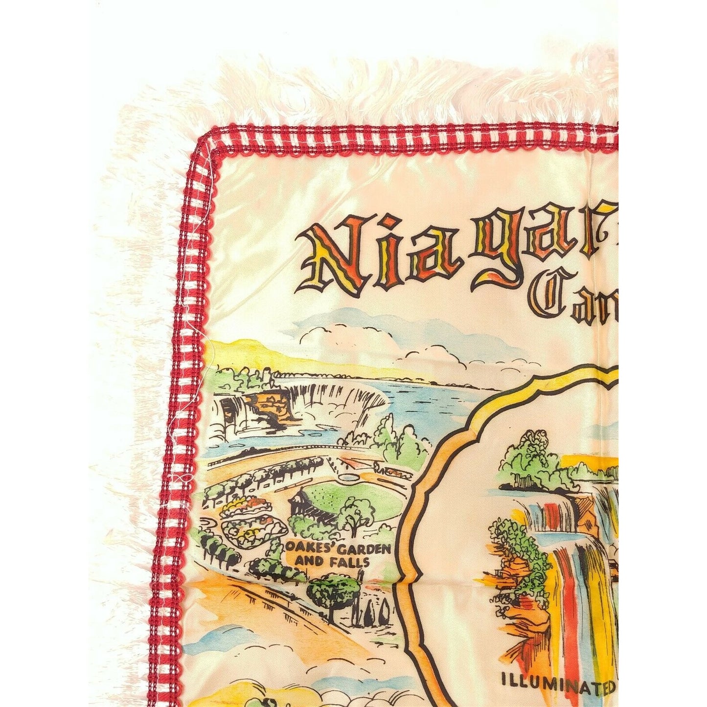 Vintage Niagra Falls Canada Satin Souvenir Pillow Cover Fringe