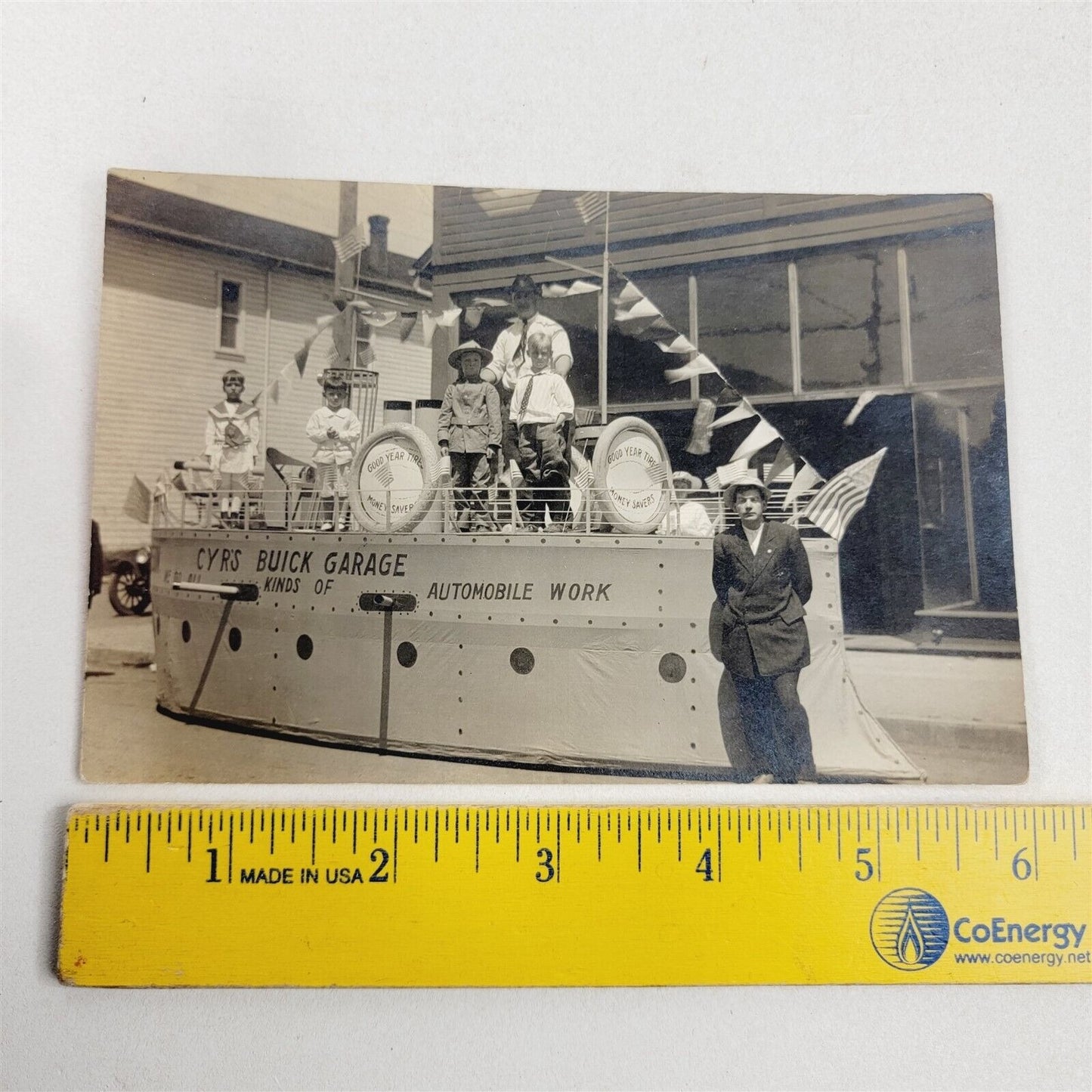 Vintage Photo 1916 Float Parade Cyr's Buick Garage Goodyear Tires Ship Boat 4x6