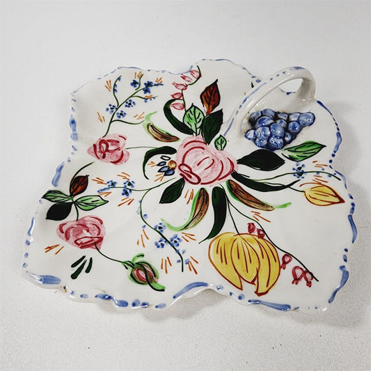 Vintage Blue Ridge Leaf Tray with Handle Rose Tulip Southern Potteries