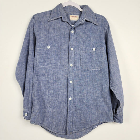 Vintage Westley Rockabilly Blue Long Sleeve Button Up Cotton Shirt Mens S