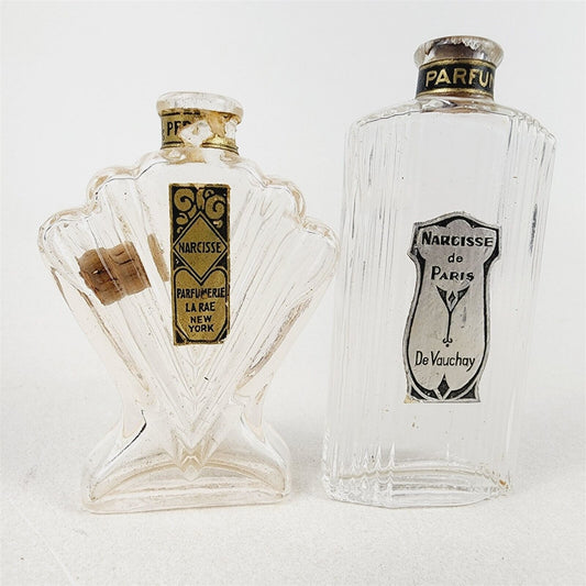 2 Vtg Narcisse Parfumerie Empty Perfume Bottles de Paris de Vauchay La Rae NY