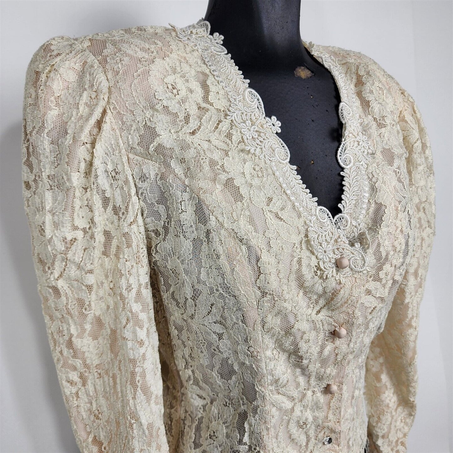 Vintage Jessica McClintock Cream Victorian Long Sleeve Lace Blouse Womens Size 4