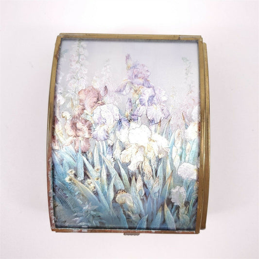 Iris Floral Foil Glass & Brass Trinket Music Box Mirror Bottom Plays Concerto #1