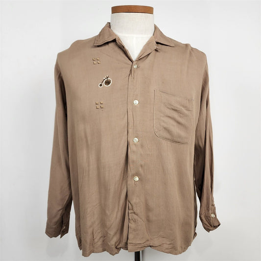 Vintage 1960s Continental Casuals Brown Bicycle Embroidered Button Loop Shirt L