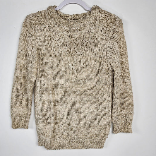 Vintage Shapely Knit Beige Beaded Sweater Womens Size S