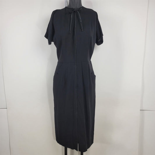 Vintage 1950s Black Short Sleeve Crepe Zip Front Dress Womens Size S/M