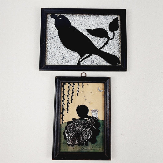 2 Vintage Reverse Silhouette Foil Art Pictures Bird on Branch Girl in Dress