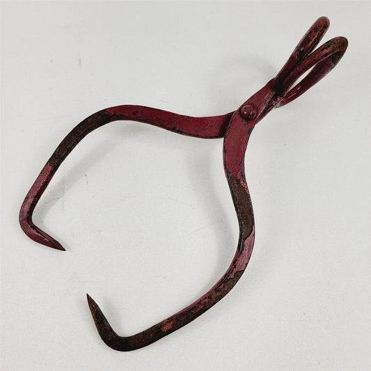 Vintage Ice Block Tongs Cast Iron Rustic Red Farm Tool Primitive Decor 14 1/2"