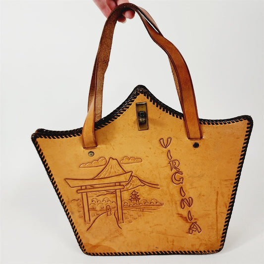 Vintage Hand Tooled Leather Purse Western Boho Dragons Mt. Fuji Laced Handbag
