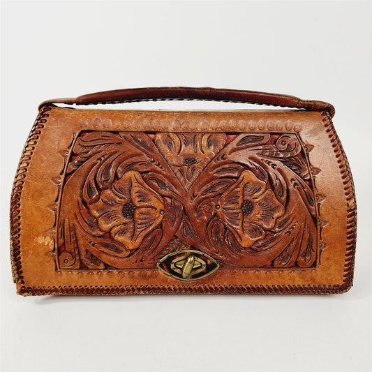 Vtg Hand Tooled Leather Handbag Purse Western Boho Floral Cutout Laced Handbag