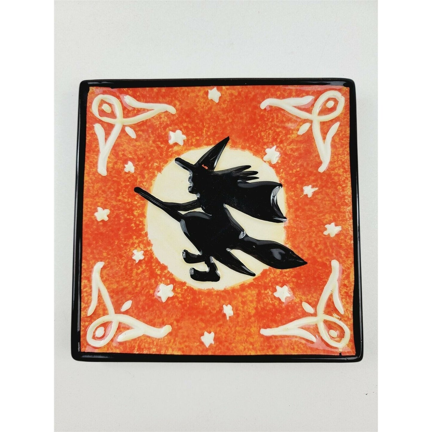 2 Vintage Handpainted Halloween Square Plates Witch Riding Broom Black Cat 6"