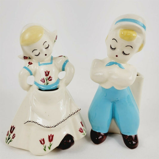 Vintage Pair Dutch Boy & Girl Ceramic Pottery Vases 7"