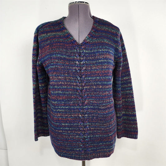 Vintage Colorful Cable Knit V-Neck Sweater Womens M