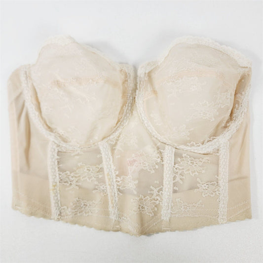 Vintage Back Talk Beige Nude Lace Corset Longline Bra Strapless Sheer Sexy 36D