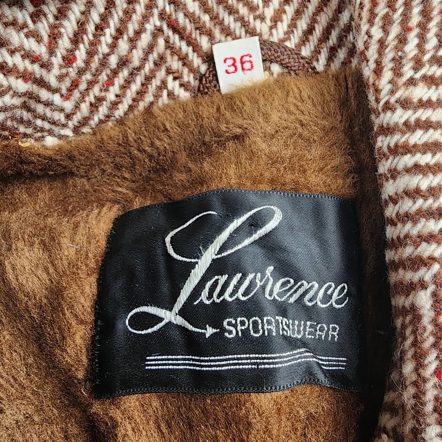 Vintage Laurence Sportswear Tweed Overcoat Brown Herringbone Faux Fur Lined Coat