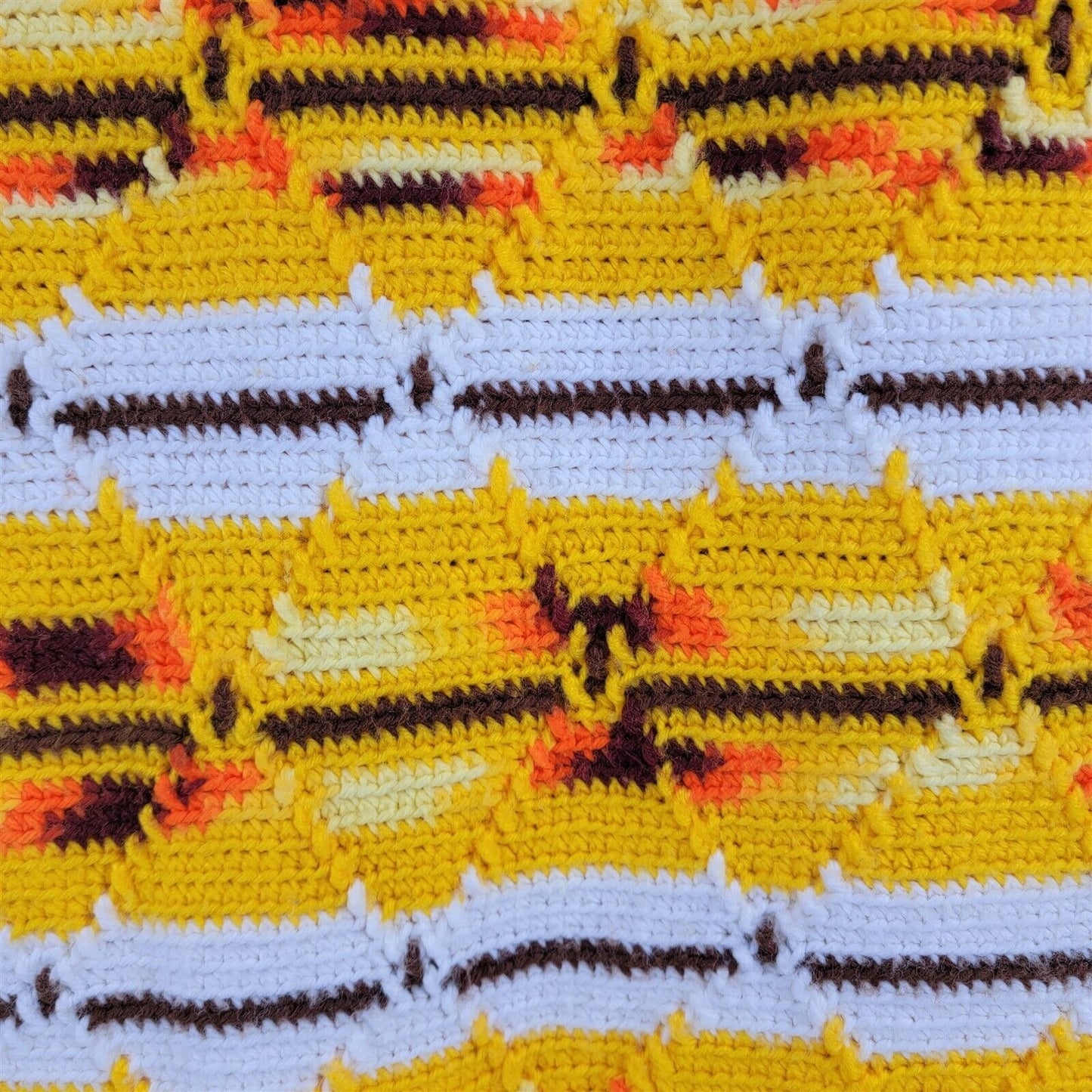 Vintage Crochet Knit Woven Blanket 92x68 Gold Brown White Fringe Afghan