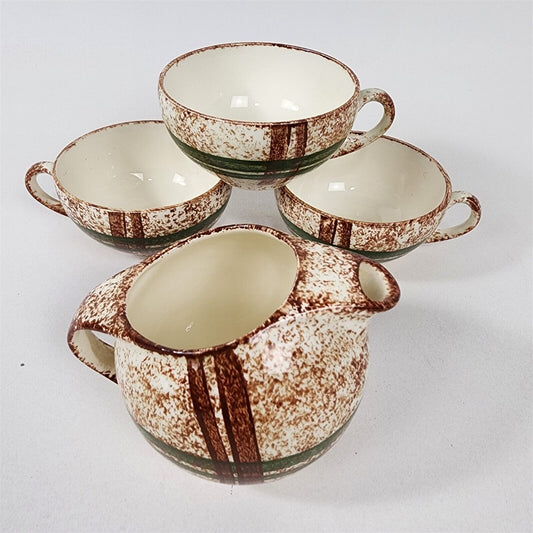4 Piece Vintage Blue Ridge Southern Pottery Plaid Green Creamer & Teacups