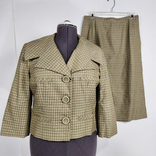 Vintage 1960s Marquise Crest Room 2 Piece Green Beige Skirt Suit Jacket