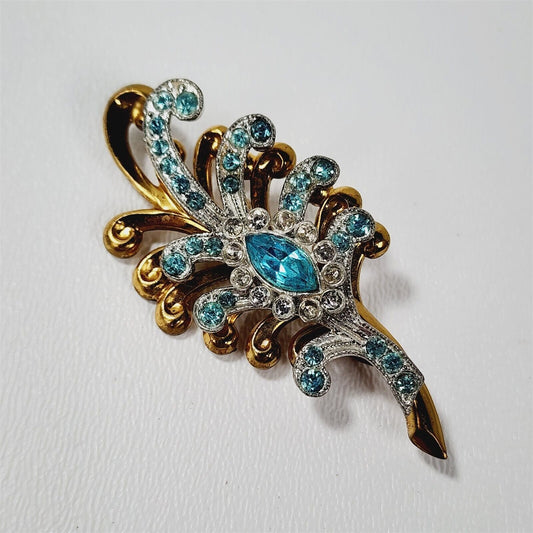 Vintage Gold & Silver Tone Layered Blue Rhinestone Leaf Pin Brooch