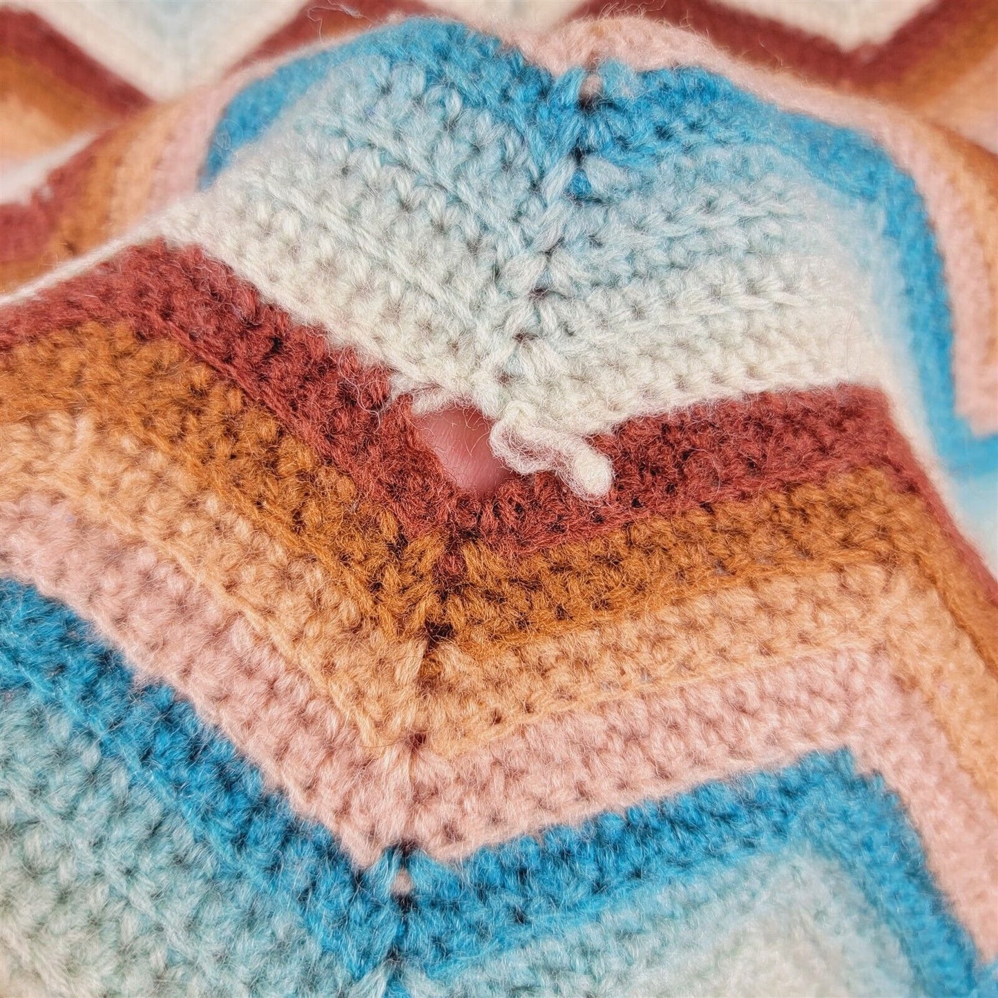 Vintage Brown & Blue Crochet Afghan Lap Blanket Throw Handmade 64x50 Chevron