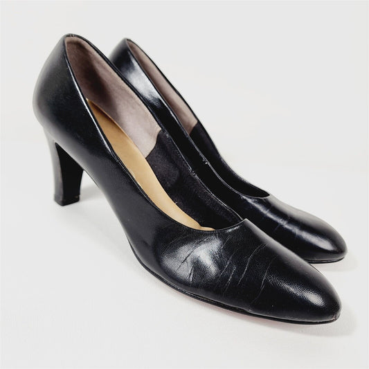 Vintage Selby Black Leather Block Heels Pumps Size 7.5