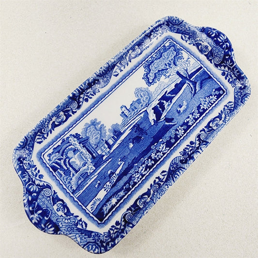Spode Blue Trinket Dish Tray C1816 A4 People Dogs - 5 3/4" x 3"