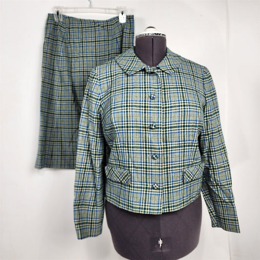 Vintage 1970s Pendleton Blue Plaid Wool Jacket Skirt Suit Set Womens M