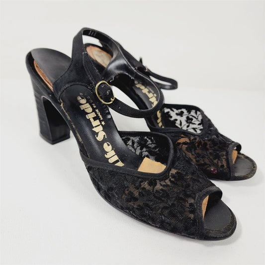 Vintage Life Stride Black Strappy Floral Mesh Sandals Heels Size 7.5 M