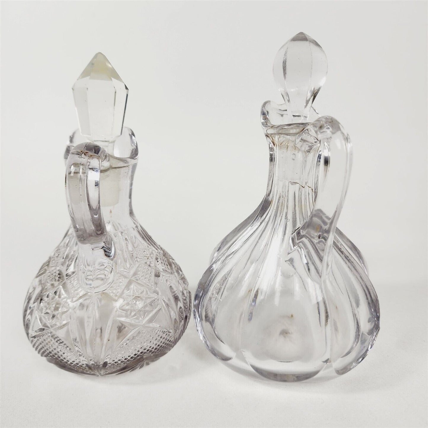 2 Vintage Cruet Decanters with Stoppers Light Purple Clear Stoppers 6-7" tall