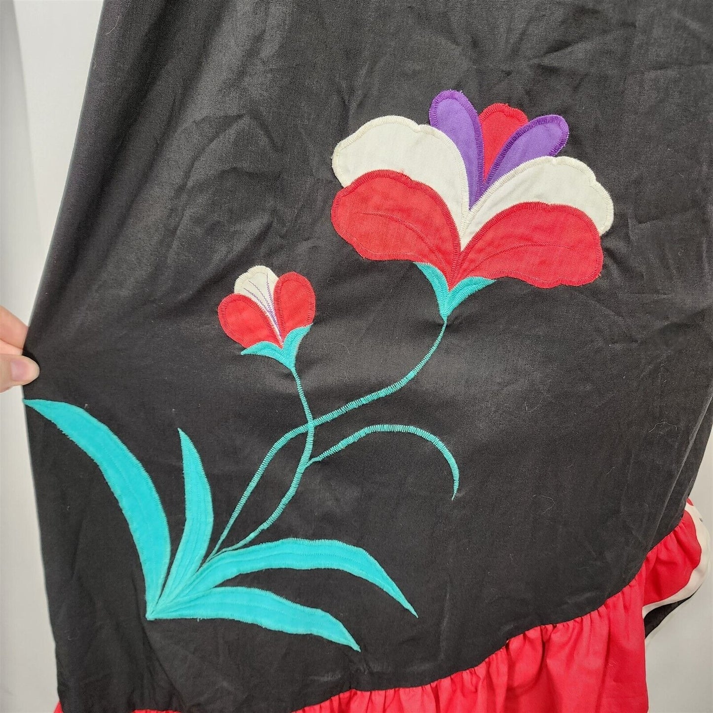 Vintage Tiare Hawaii Black & Red Floral Embroidered Dress Size M