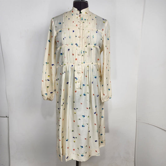 Vintage 1970s Casi Silk Long Sleeve Prairie Dress Cream Floral Womens Size 12