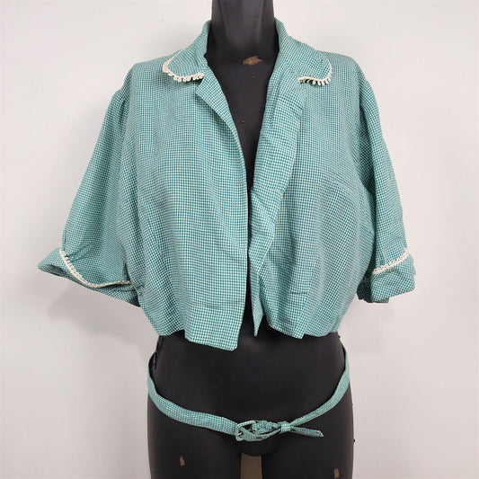 Vintage Cay Artley Teal Plaid Short Sleeve Cropped Jacket & Belt