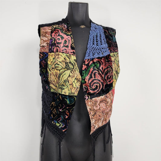 Vintage 1990s Tangibles Patchwork Colorful Black Fringe Vest Womens M