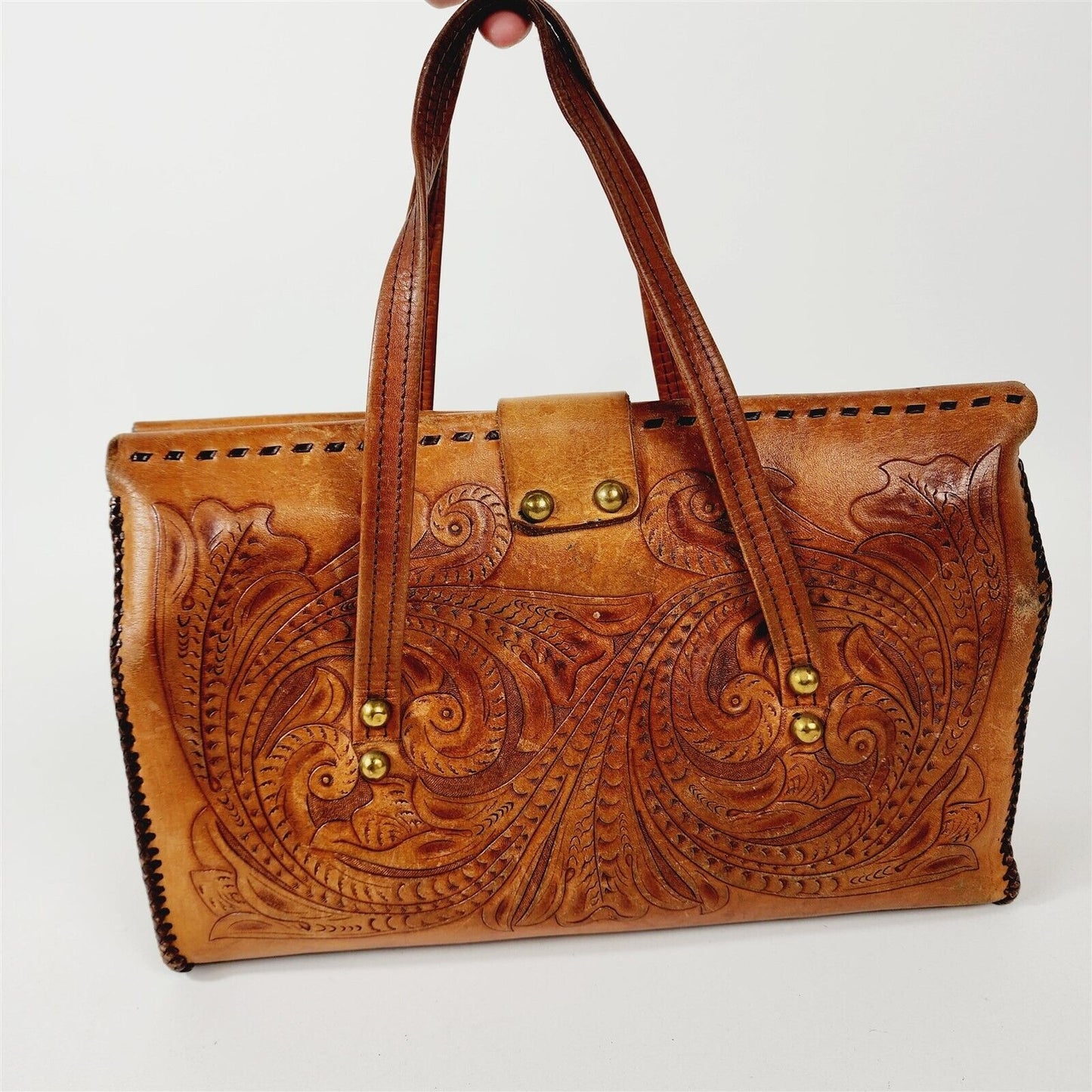 Vintage Hand Tooled Leather Purse Western Bag Floral Laced 2 Handle Handbag