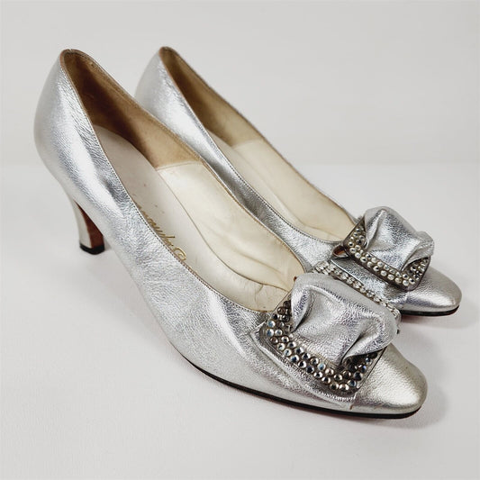 Vintage Carl's Mr. Seymour Silver Metallic Rhinestone Buckle Heels Size 7.5 M