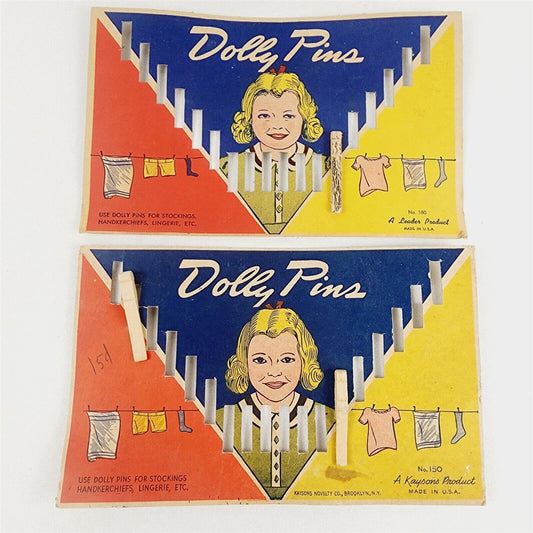 Vintage Dolly Pins 3 Wood Clothes Pins Clothespins 2 Original Cards No. 180