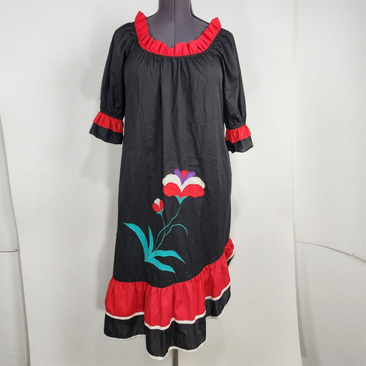Vintage Tiare Hawaii Black & Red Floral Embroidered Dress Size M