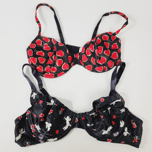 2 Vintage Novelty Valentines Day Sexy Time Black Bras Red Hearts Cupid Size 36C